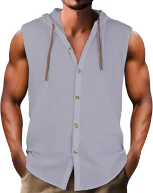 Sleeveless Hoodies for Men Cotton Linen Button Up Hooded Shirts Breathable Drawstring Summer Vacation Beach Tops
