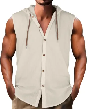 Sleeveless Hoodies for Men Cotton Linen Button Up Hooded Shirts Breathable Drawstring Summer Vacation Beach Tops