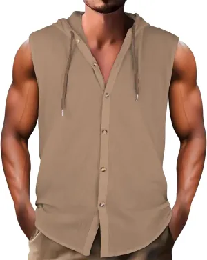Sleeveless Hoodies for Men Cotton Linen Button Up Hooded Shirts Breathable Drawstring Summer Vacation Beach Tops
