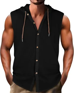 Sleeveless Hoodies for Men Cotton Linen Button Up Hooded Shirts Breathable Drawstring Summer Vacation Beach Tops