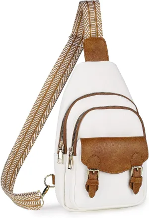 Sling Bag Small Fanny Pack Leather Crossbody Bags for Women Men Chest Bag Cross Body Backpack dailypack Travel Hiking Cycling, White and Brown
