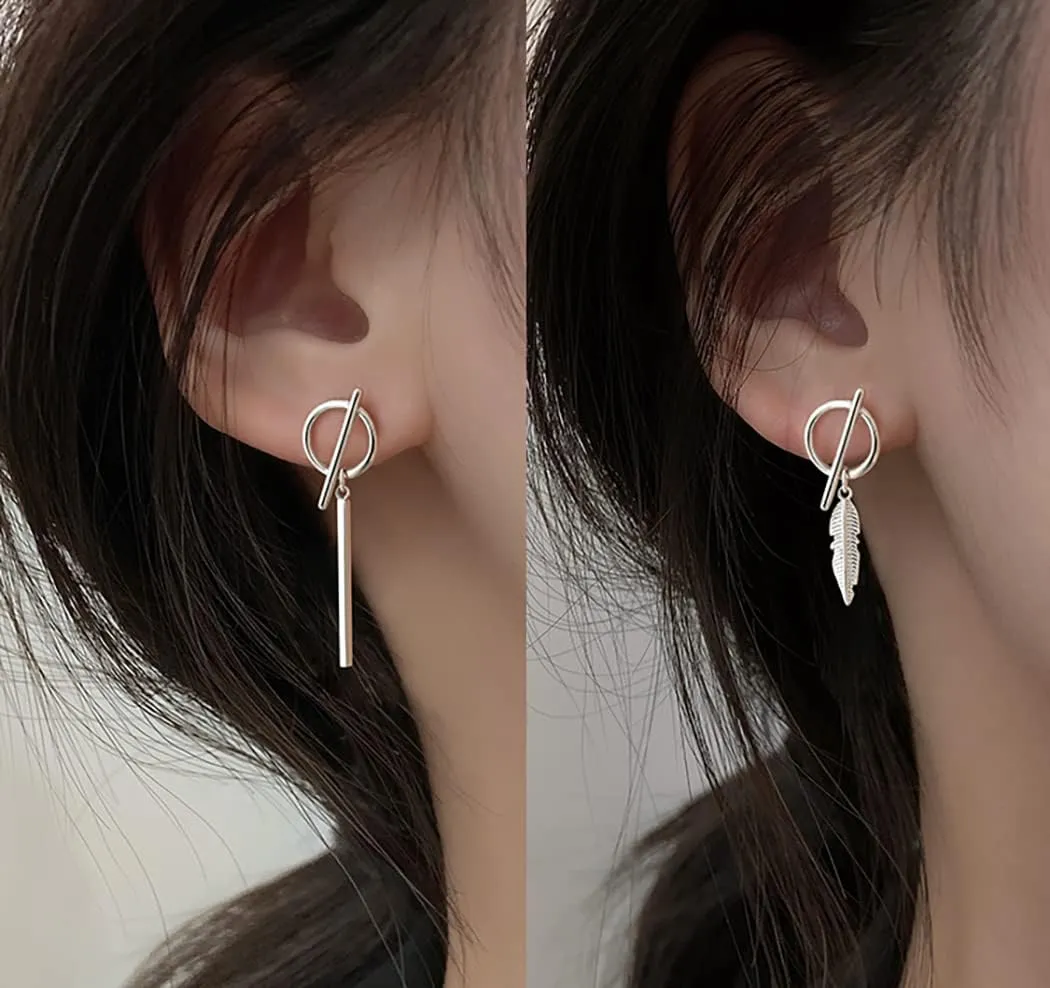 SLUYNZ 925 Sterling Silver Bar Dangle Earrings for Women Feather Drop Earrings Circle Studs