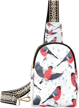 Small Sling Bag Fanny Packs Crossbody Bags for Women Bullfinch and Snowflakes Leather Fashion Chest Bag Belt Bag for Women for Travel Sports Running Hiking