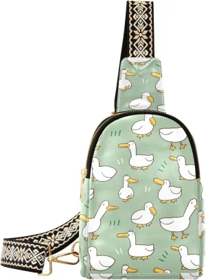 Small Sling Bag Fanny Packs Crossbody Bags for Women Cartoon White Geese Leather Fashion Chest Bag Belt Bag for Women for Travel Sports Running Hiking