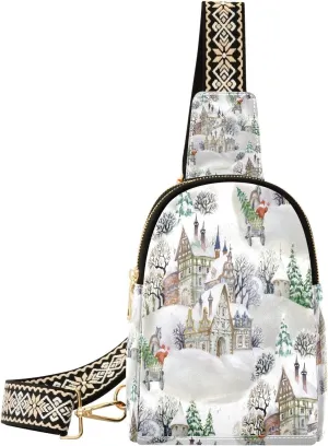 Small Sling Bag Fanny Packs Crossbody Bags for Women Winter Village Leather Fashion Chest Bag Belt Bag for Women for Travel Sports Running Hiking
