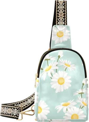 Small Sling Bag for Women Daisy Chamomile Field PC Leather Fanny Pack Crossbody Summer Flowers Fashion Waist Packs Chest Bag for Travel Sports Running Hiking