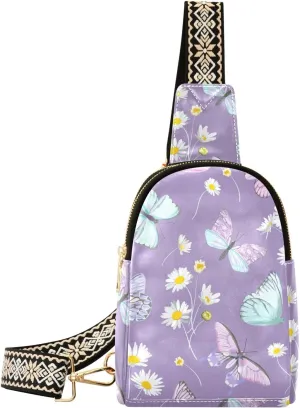 Small Sling Bag for Women Daisy Flower PC Leather Fanny Pack Crossbody Watercolor Butterfly Fashion Waist Packs Chest Bag for Travel Sports Running Hiking