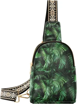 Small Sling Bag for Women Tropical Palm Leaf PC Leather Fanny Pack Crossbody Vintage Green Fashion Waist Packs Chest Bag for Travel Sports Running Hiking