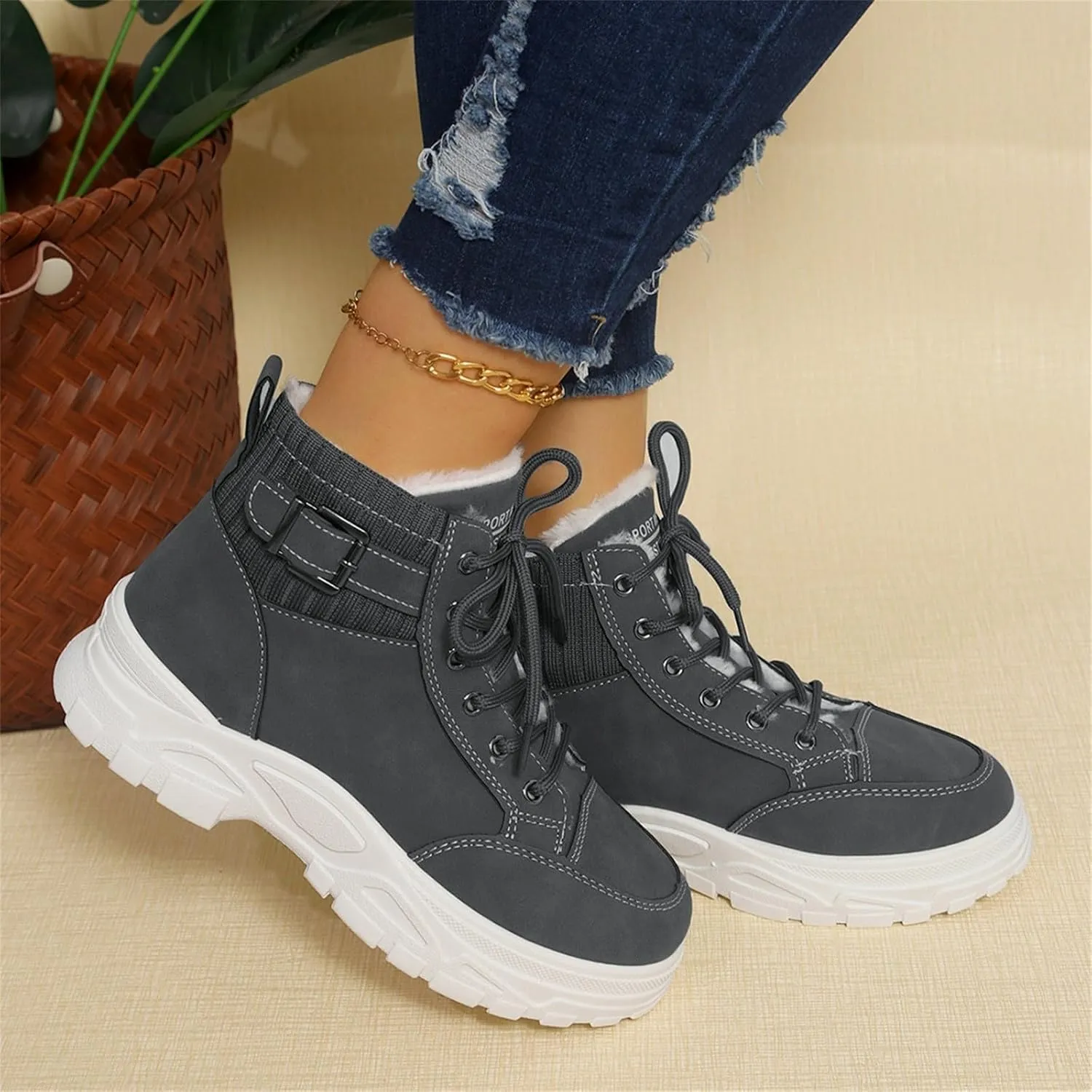 Snow Ankle Boots for Women Non Slip Walking Shoes Lace Up Low Calf Shoes Hiking Boots Women Waterproof