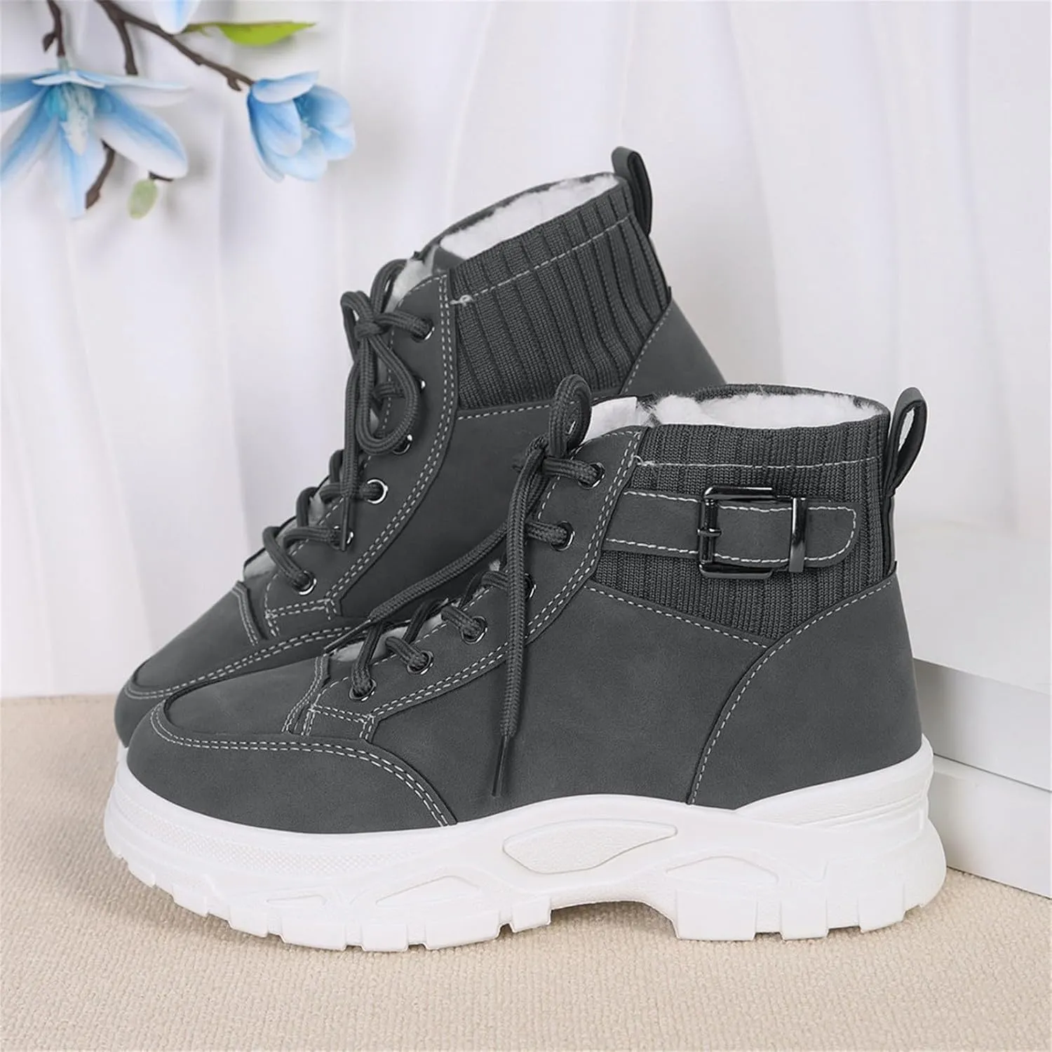 Snow Ankle Boots for Women Non Slip Walking Shoes Lace Up Low Calf Shoes Hiking Boots Women Waterproof