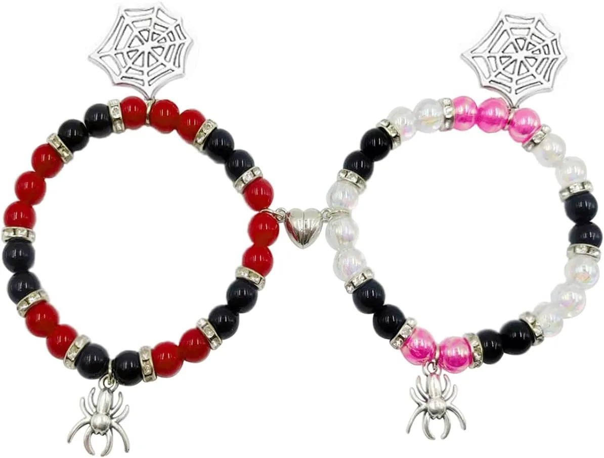 Spider Bracelets for Couple Friendship Bracelets Couples Bracelets Heart Energy Stone Bracelets Pink Relationship Promise Bracelet Stretch Beaded Bracelets Matching Bracelet for Couple Best Friend Love Family Halloween Party Jewelry