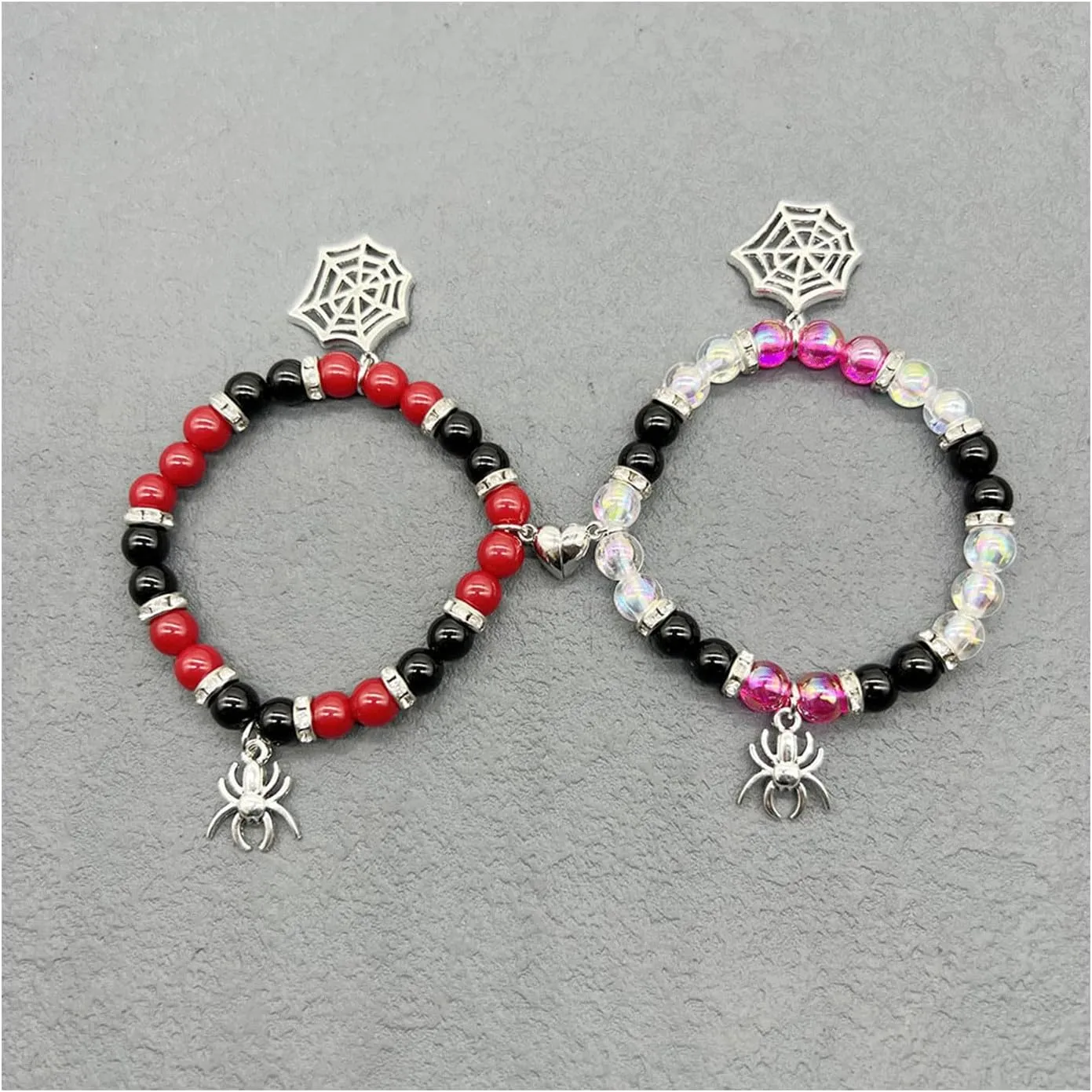 Spider Bracelets for Couple Friendship Bracelets Couples Bracelets Heart Energy Stone Bracelets Pink Relationship Promise Bracelet Stretch Beaded Bracelets Matching Bracelet for Couple Best Friend Love Family Halloween Party Jewelry