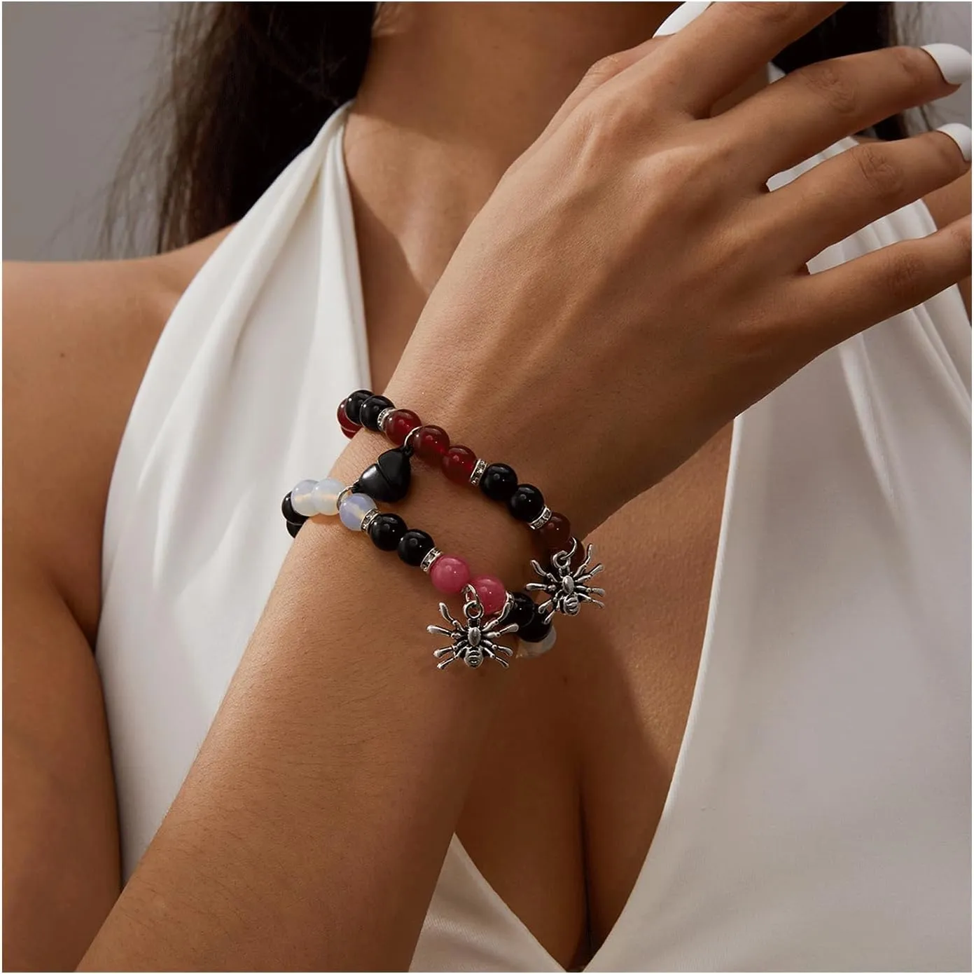 Spider Bracelets for Couple Friendship Bracelets Couples Bracelets Heart Energy Stone Bracelets Pink Relationship Promise Bracelet Stretch Beaded Bracelets Matching Bracelet for Couple Best Friend Love Family Halloween Party Jewelry