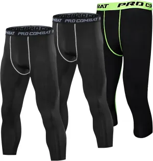 SS COLOR FISH 3 Pack 3/4 Men's Compression Pants Athletic Baselayer Workout Sports Running Legging Running Tights for Men