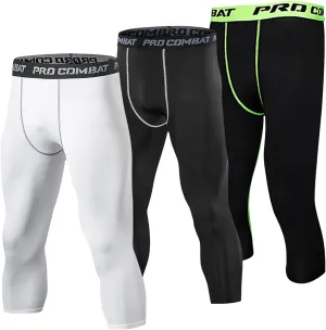 SS COLOR FISH 3 Pack 3/4 Men's Compression Pants Athletic Baselayer Workout Sports Running Legging Running Tights for Men