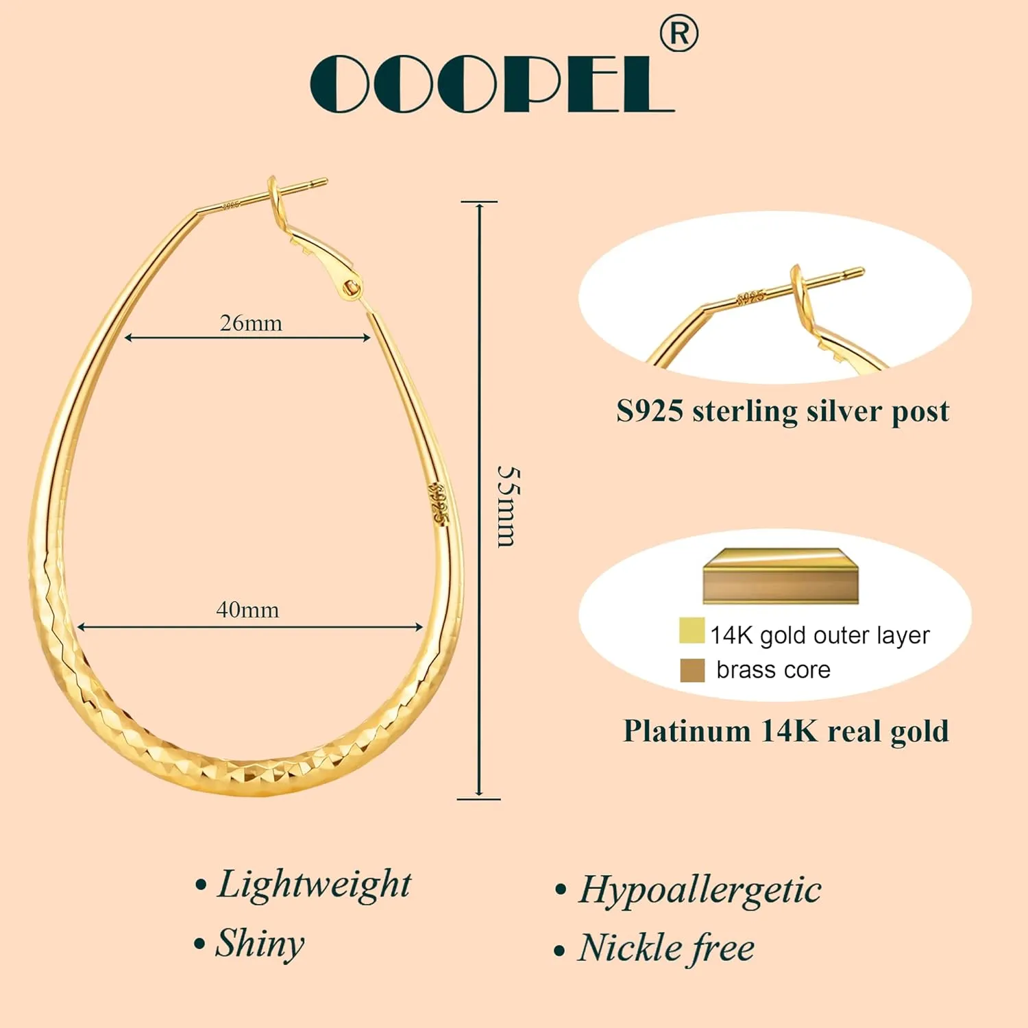 Sterling Silver Hoop Earrings,Oval Gold Hoop Earrings for Women Hypoallergenic Big Teardrop Hoop Earrings Diamond-Cut Large Gold Chunky Hoops for Womens 925 Sterling Silver Earrings 55/75/85mm