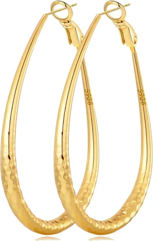 Sterling Silver Hoop Earrings,Oval Gold Hoop Earrings for Women Hypoallergenic Big Teardrop Hoop Earrings Diamond-Cut Large Gold Chunky Hoops for Womens 925 Sterling Silver Earrings 55/75/85mm