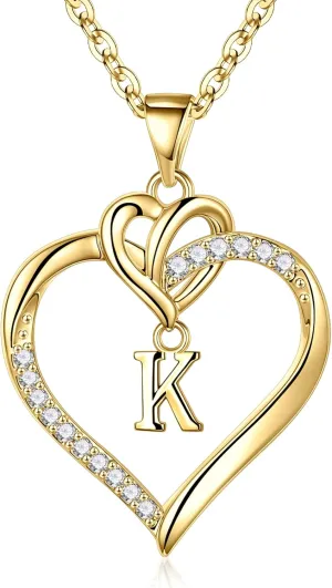 STORUP Graduation Gifts for Her - Heart Initial Necklaces for Women Girls, 14K Gold Plated Cubic Zirconia Heart Initial A-Z Pendant Necklace Dainty Heart Necklaces for Women Jewelry Birthday Gifts