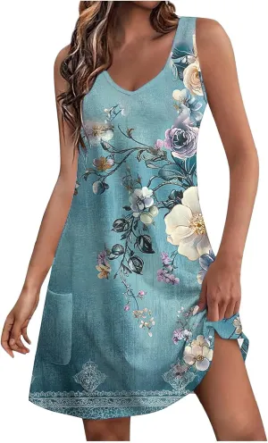 Summer Dresses Womens Sleeveless Floral Print Beach Sundress Cute V Neck Mini Tank Dress Boho Short