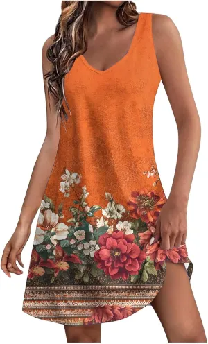 Summer Dresses Womens Sleeveless Floral Print Beach Sundress Cute V Neck Mini Tank Dress Boho Short
