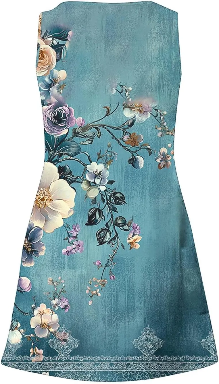 Summer Dresses Womens Sleeveless Floral Print Beach Sundress Cute V Neck Mini Tank Dress Boho Short