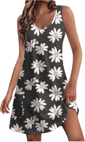 Summer Dresses Womens Sleeveless Floral Print Beach Sundress Cute V Neck Mini Tank Dress Boho Short