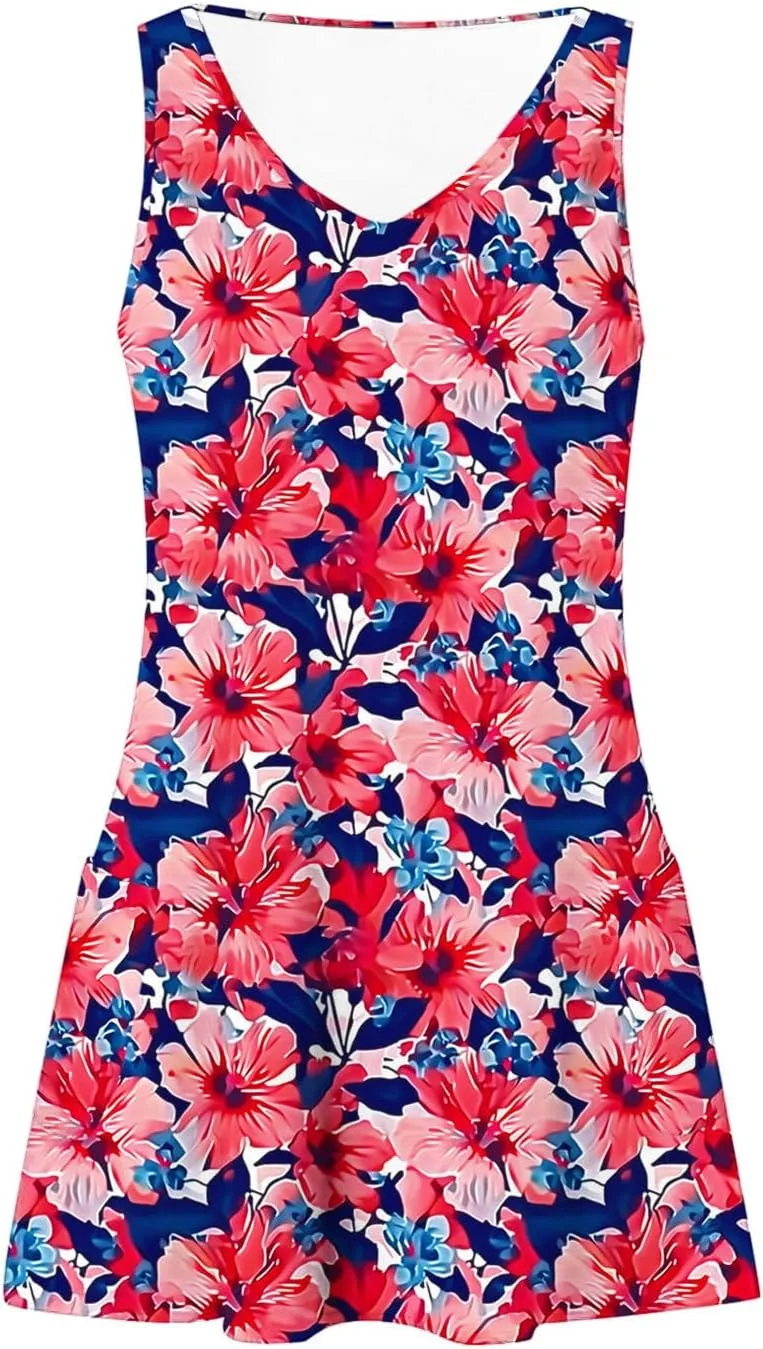 Summer Dresses Womens Sleeveless Floral Print Beach Sundress Cute V Neck Mini Tank Dress Boho Short
