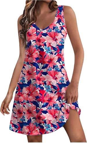 Summer Dresses Womens Sleeveless Floral Print Beach Sundress Cute V Neck Mini Tank Dress Boho Short