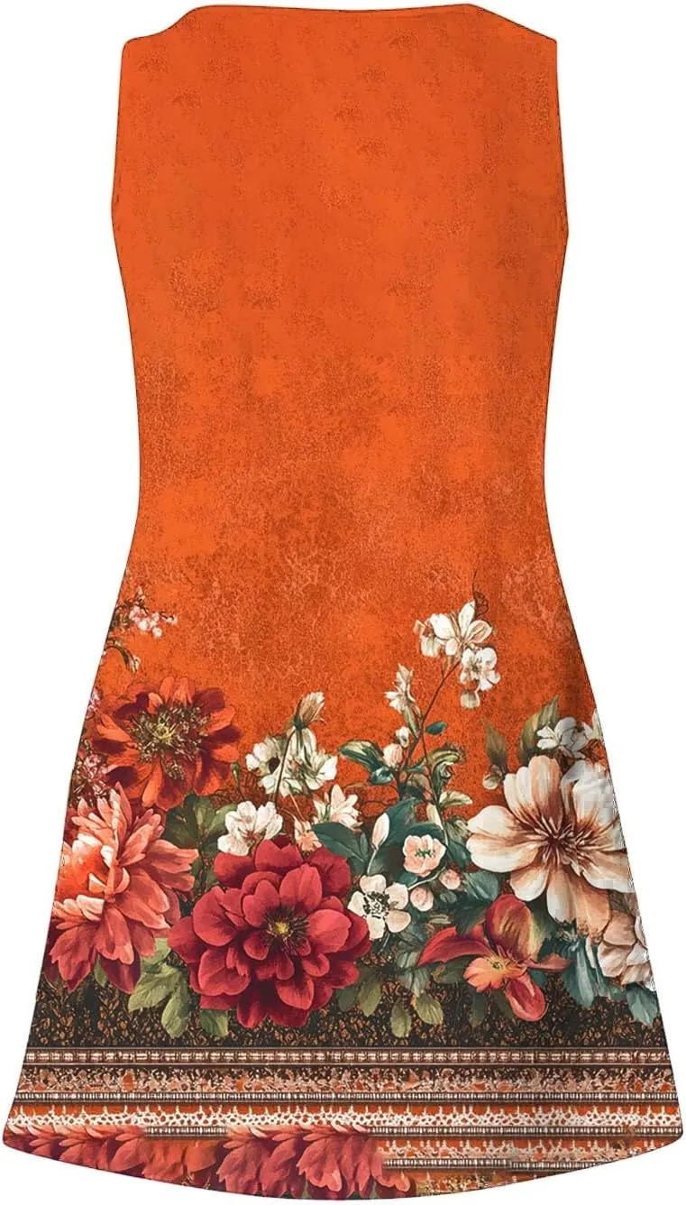 Summer Dresses Womens Sleeveless Floral Print Beach Sundress Cute V Neck Mini Tank Dress Boho Short