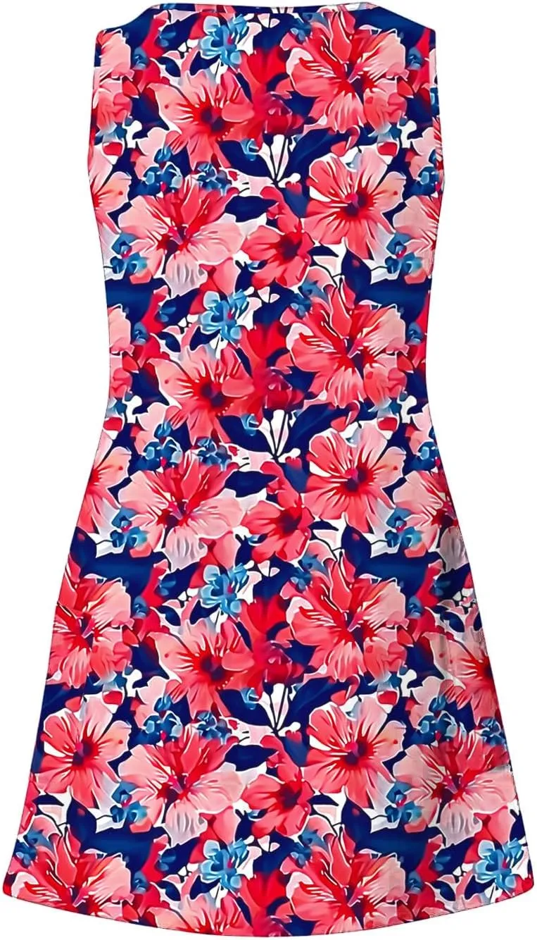 Summer Dresses Womens Sleeveless Floral Print Beach Sundress Cute V Neck Mini Tank Dress Boho Short