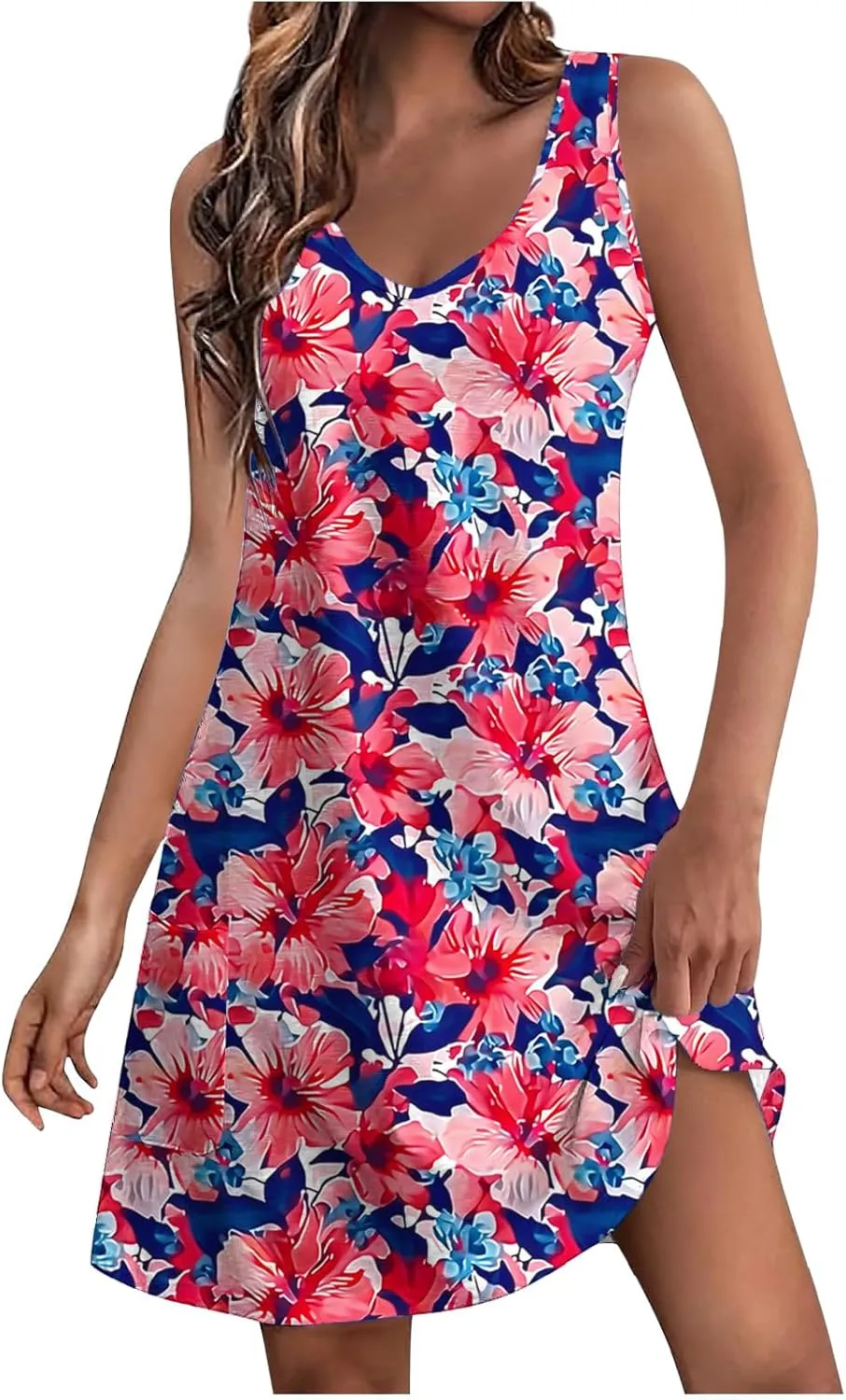 Summer Dresses Womens Sleeveless Floral Print Beach Sundress Cute V Neck Mini Tank Dress Boho Short