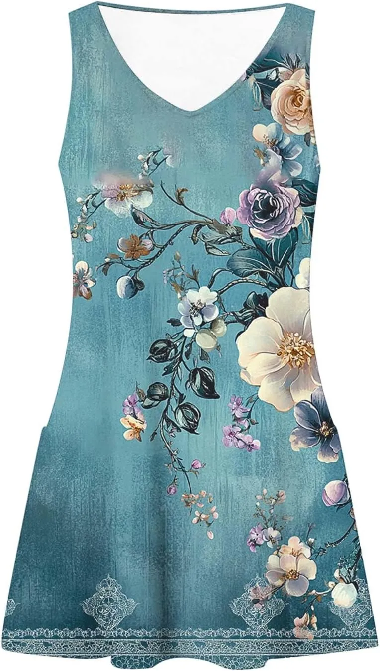 Summer Dresses Womens Sleeveless Floral Print Beach Sundress Cute V Neck Mini Tank Dress Boho Short