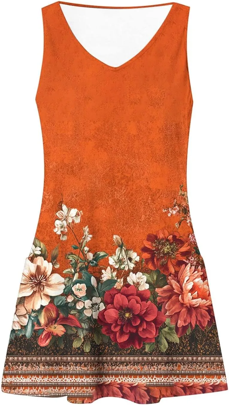 Summer Dresses Womens Sleeveless Floral Print Beach Sundress Cute V Neck Mini Tank Dress Boho Short
