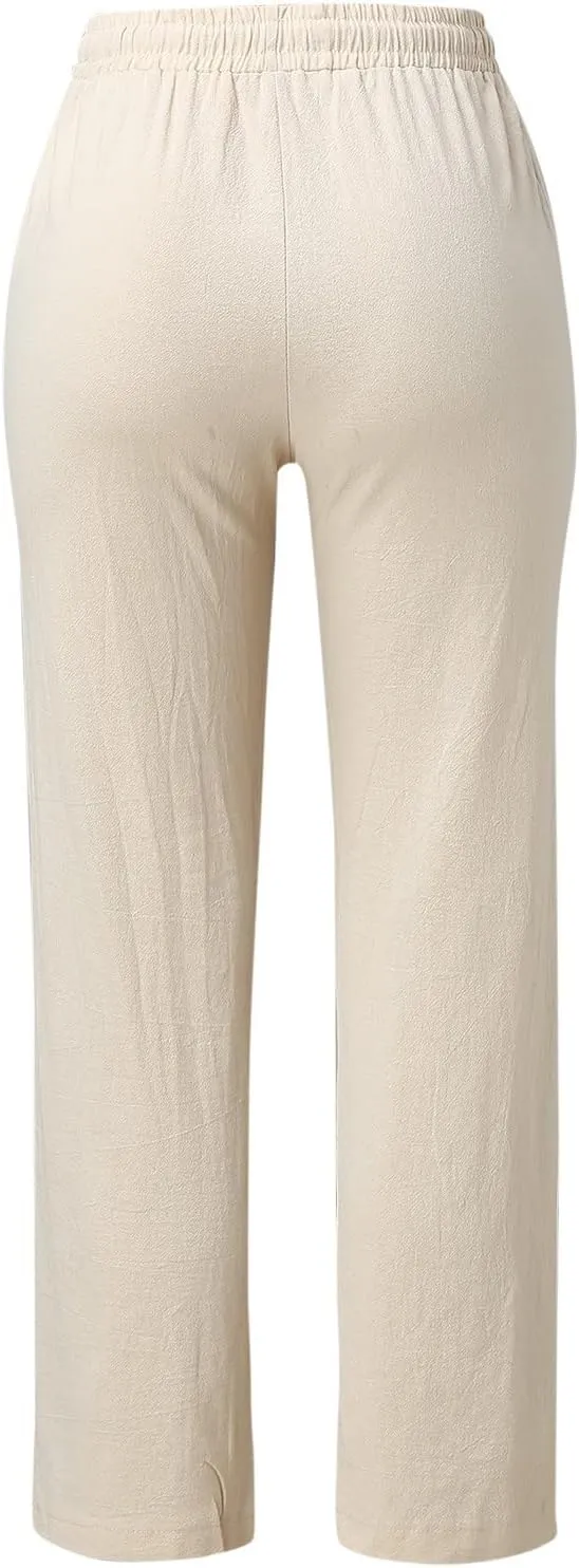 Summer Linen Pants Women Casual Lightweight Loose Lounge Trouser Drawstring Elastic High Waist Comfy Palazzo Long Pant