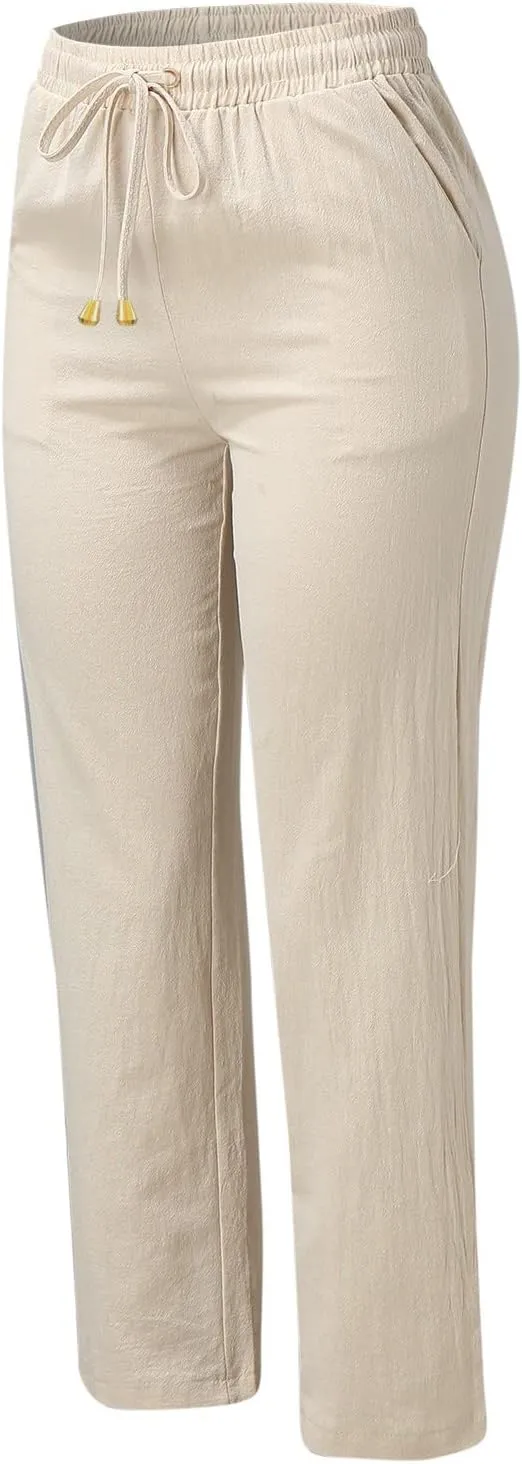 Summer Linen Pants Women Casual Lightweight Loose Lounge Trouser Drawstring Elastic High Waist Comfy Palazzo Long Pant