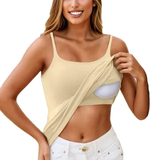 Tank Top for Women with Built in Bra Padded Adjustable Spaghetti Strap Camisoles for Layering Fitted Scoop Neck Undershirts
