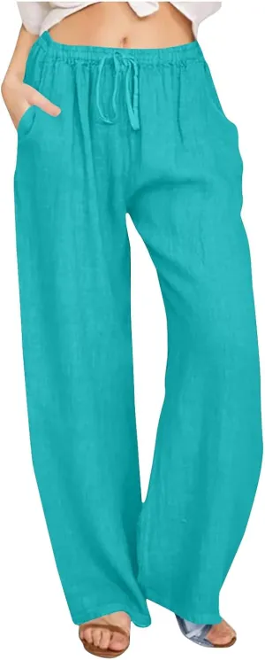 TARIENDY High Waisted Pants Women's Summer Casual Elastic Drawstring Wide Leg Palazzo Pants Comfy Trousers with Pockets