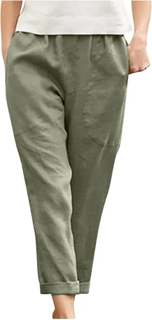 TARIENDY Womens Casual Pants Straight Leg Elastic Waist Summer Pant Plus Size Comfy Trousers Beach Outfits with Pockets