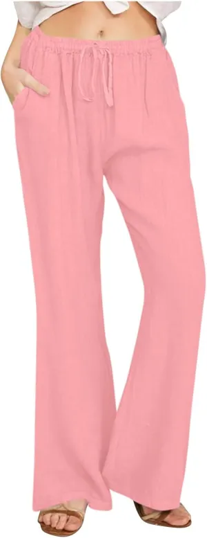 TARIENDY Womens Wide Leg Pants Summer Beach Casual Pants High Waisted Elastic Drawstring Trousers Comfy Pants with Pockets