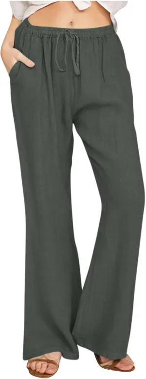 TARIENDY Womens Wide Leg Pants Summer Beach Casual Pants High Waisted Elastic Drawstring Trousers Comfy Pants with Pockets