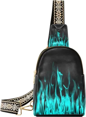 Teal Fire Flame Fanny Pack Crossbody PC Leather Small Sling Bag for Women Fashion Waist Packs Chest Bag for Travel Sports Running Hiking