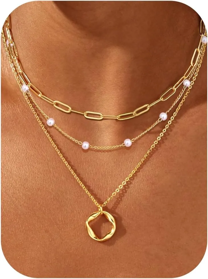 TEN MIRO Pearl Necklaces for Women Trendy, Dainty 16k Gold Layered Necklaces for Women Gold Necklace Stack Stackable Pearl Necklace for Wedding Prom Jewelry Gifts