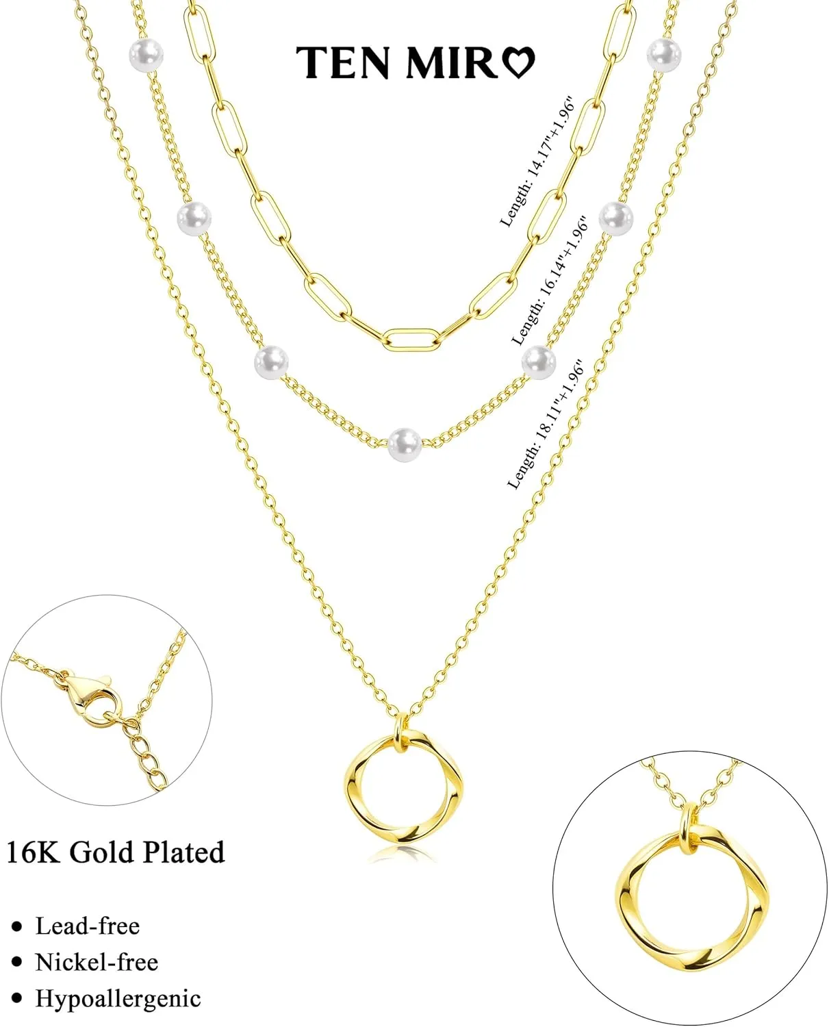 TEN MIRO Pearl Necklaces for Women Trendy, Dainty 16k Gold Layered Necklaces for Women Gold Necklace Stack Stackable Pearl Necklace for Wedding Prom Jewelry Gifts