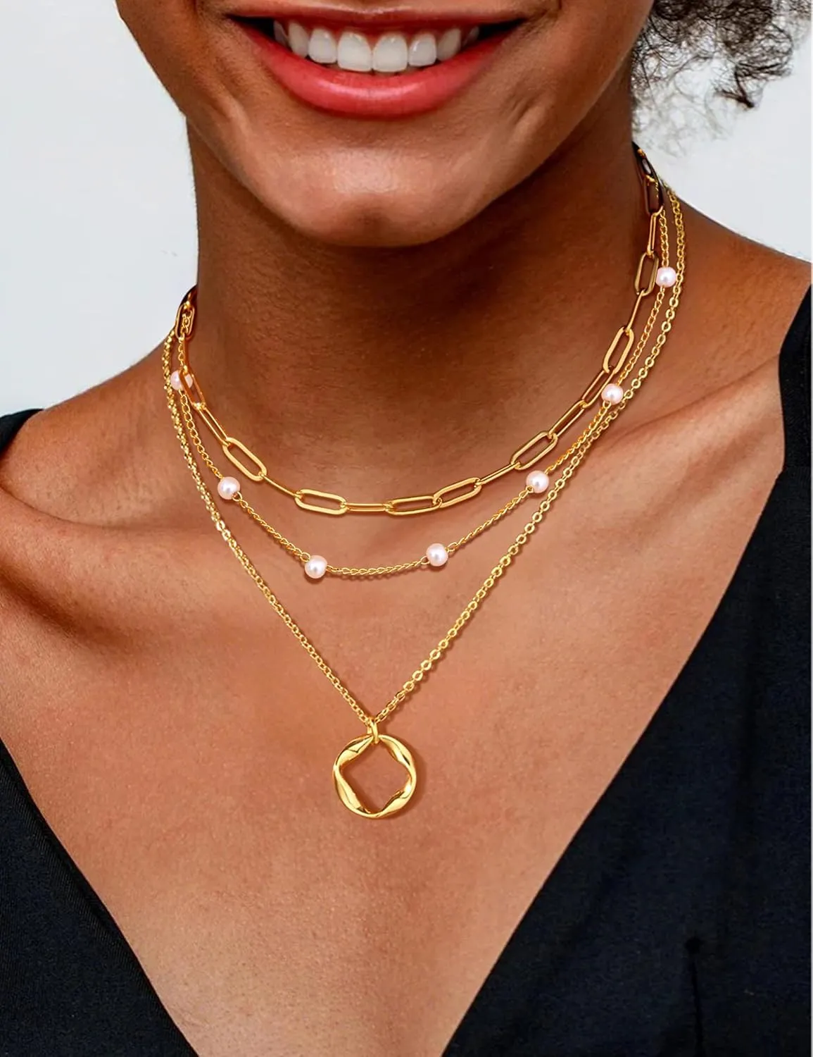 TEN MIRO Pearl Necklaces for Women Trendy, Dainty 16k Gold Layered Necklaces for Women Gold Necklace Stack Stackable Pearl Necklace for Wedding Prom Jewelry Gifts