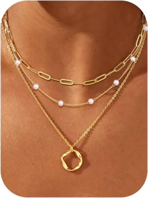 TEN MIRO Pearl Necklaces for Women Trendy, Dainty 16k Gold Layered Necklaces for Women Gold Necklace Stack Stackable Pearl Necklace for Wedding Prom Jewelry Gifts