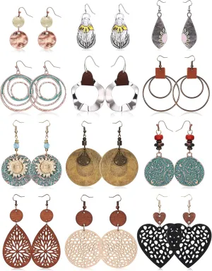 Thunaraz Boho Vintage Dangle Earrings Set for Women Geometric Teardrop Round Wooden Earrings Ethnic Bohemian Star Sunflower Earrings Christmas Earrings Jewelry Women, Silver