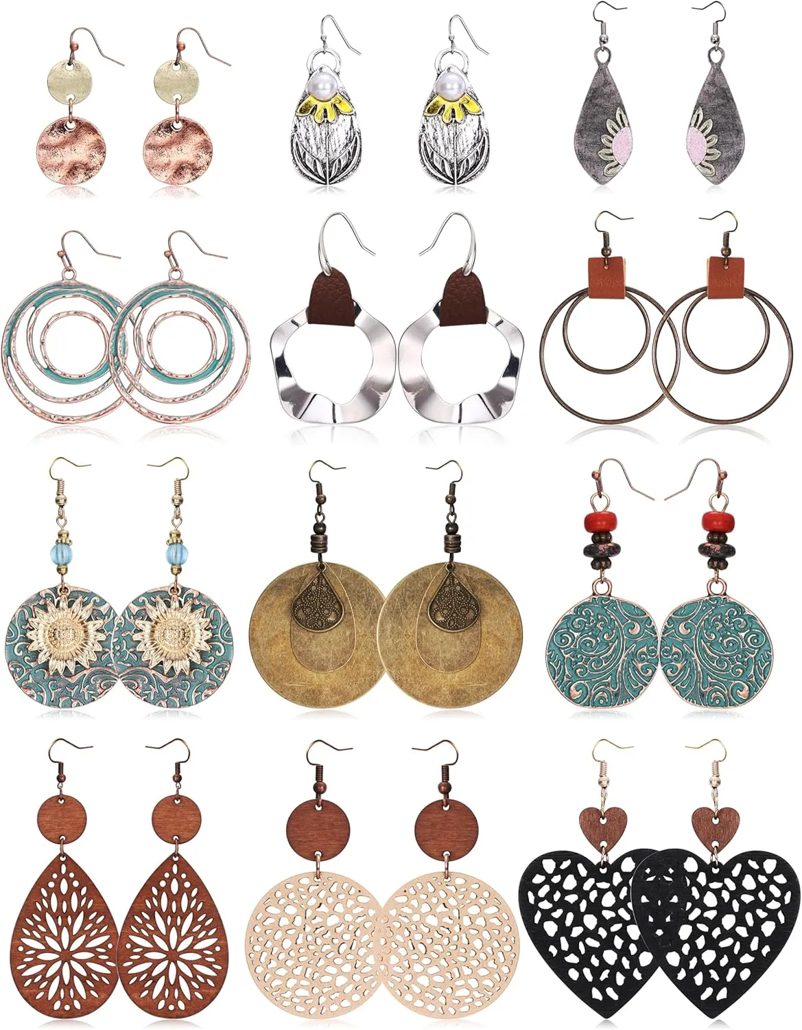 Thunaraz Boho Vintage Dangle Earrings Set for Women Geometric Teardrop Round Wooden Earrings Ethnic Bohemian Star Sunflower Earrings Christmas Earrings Jewelry Women, Silver