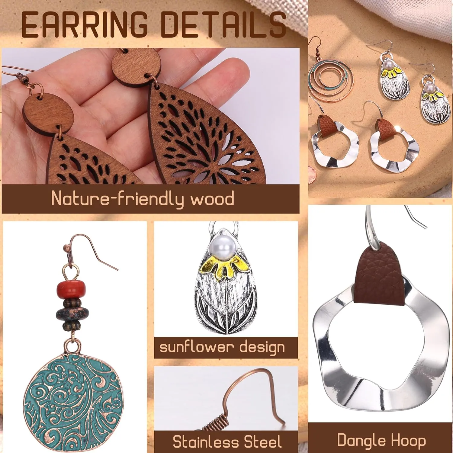 Thunaraz Boho Vintage Dangle Earrings Set for Women Geometric Teardrop Round Wooden Earrings Ethnic Bohemian Star Sunflower Earrings Christmas Earrings Jewelry Women, Silver