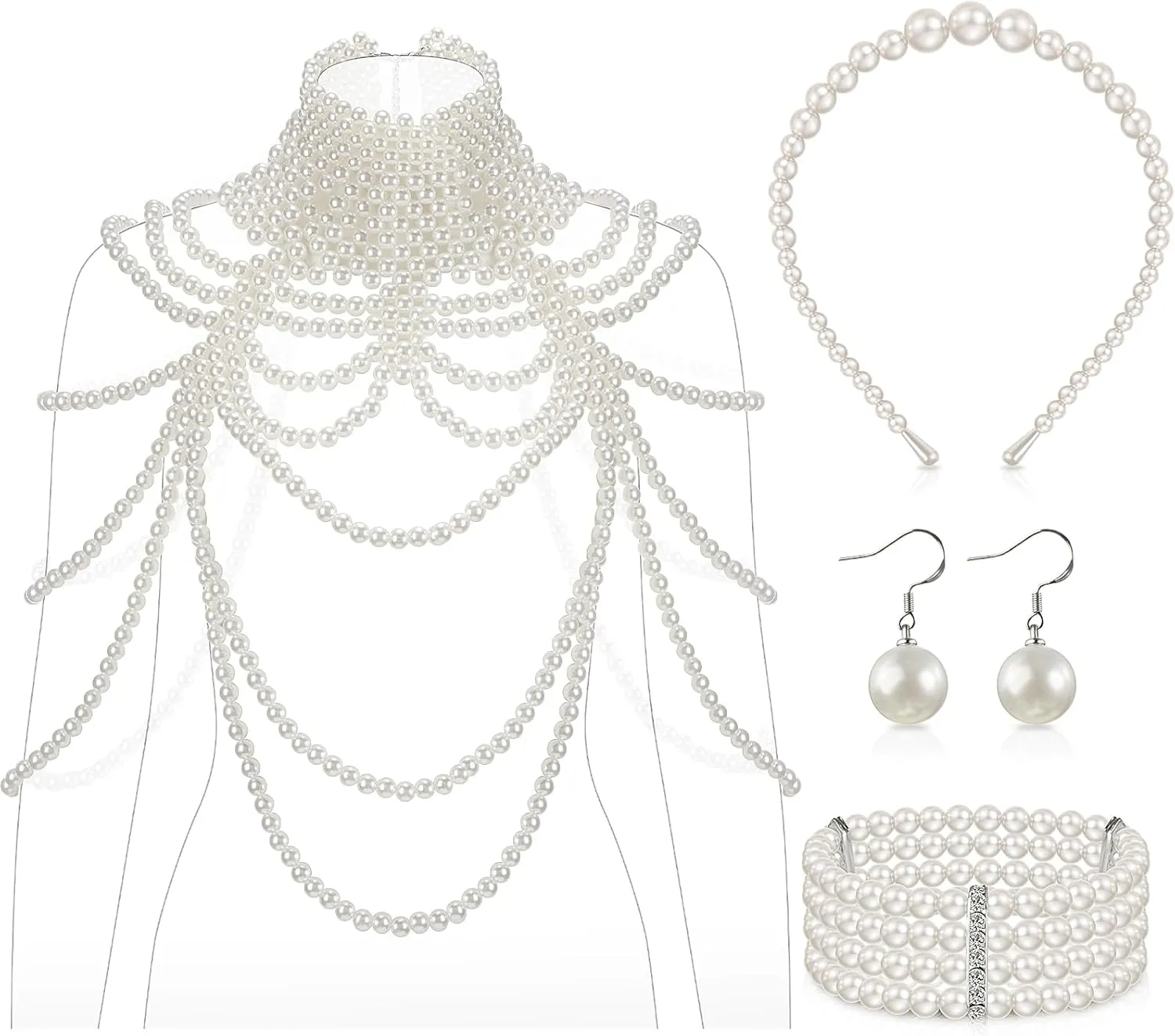 Tondiamo 4 Pcs Pearl Body Chain Bra Shoulder Necklaces Bracelet Earrings Headband Jewelry Set Women Party 1920s Accessories