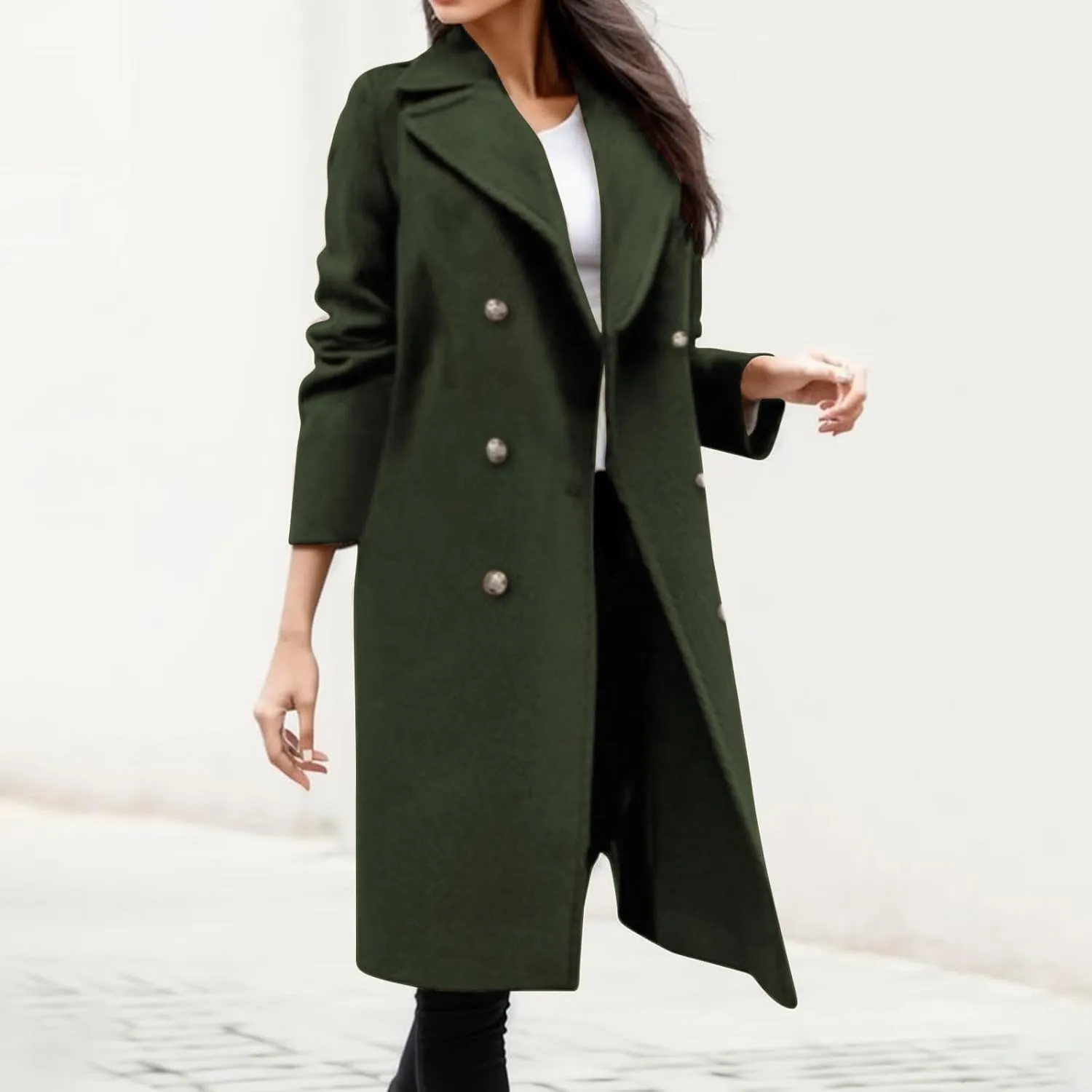 Trench Coats for Women 2024 Casual Notched Lapel Long Winter Coats Singe-Breasted Wool Blend Pea Coat Outwear